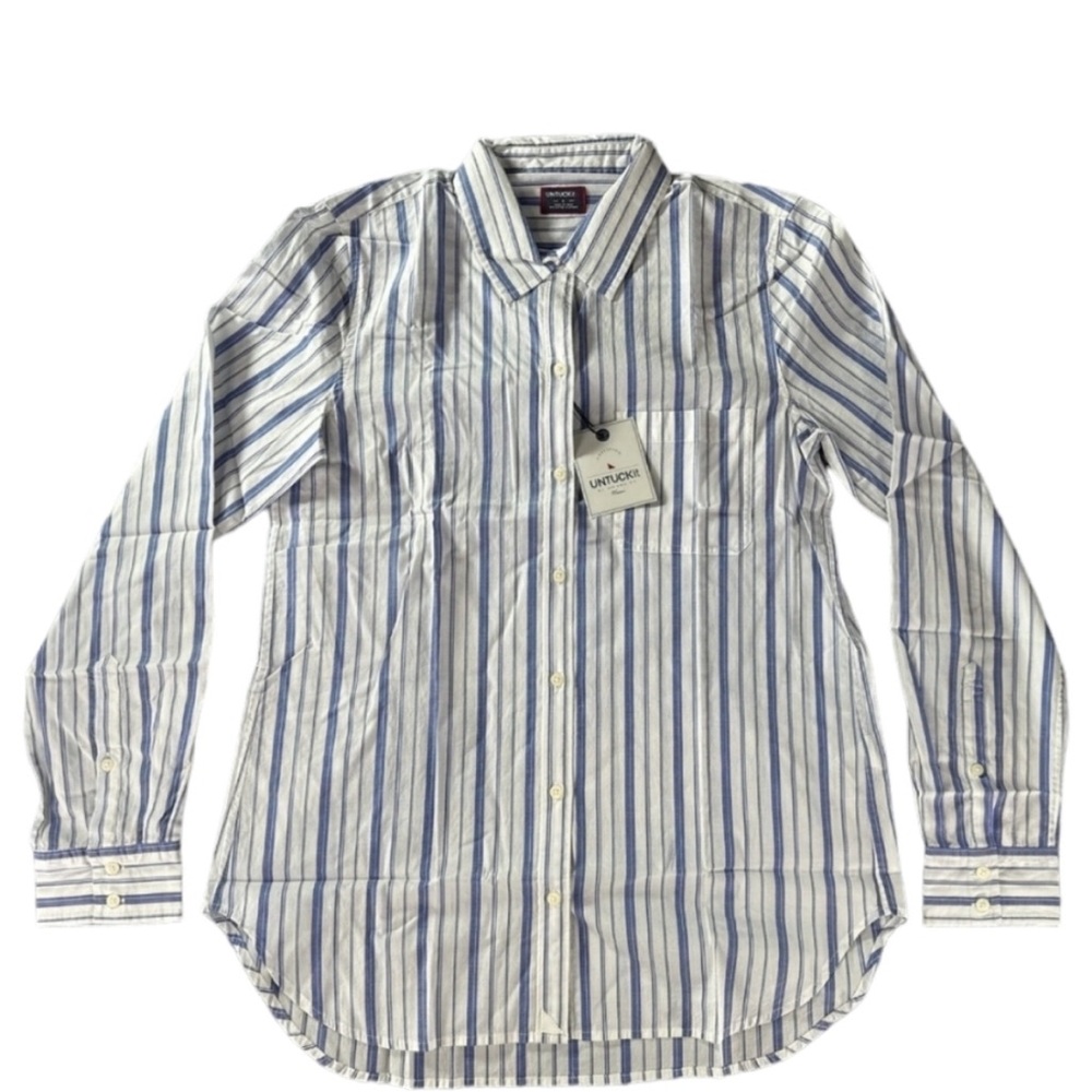 UNTUCKit Pinot Perse Long Sleeve Button Up in White & Blue Stripes Sz 12